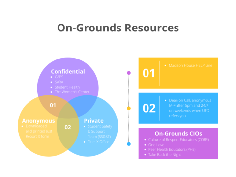 A 3-way Venn diagram identifies anonymous, confidential, and private resources for survivors on-Grounds and lists on-Grounds CIO support options.